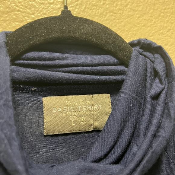 Zara Basic T-Shirt Navy Blue Turtleneck Long Sleeve Casual Top Thin Tee Size L - Picture 3 of 5